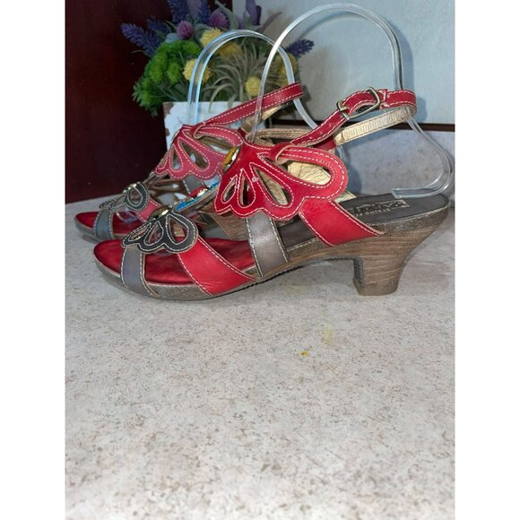 LArtiste Womens Red & Brown Leather Open-Toe Heeled Sandals With Gemstone Accent - Picture 2 of 10